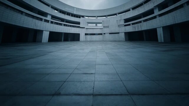 Dramatic architectural shot of a modern curved building design under moody skies