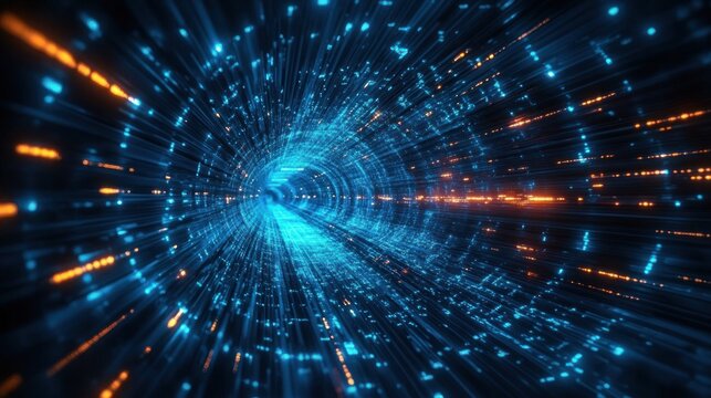 glowing blue data tunnel with streaks of orange lights and cascading particles conveying high-speed motion and futuristic energy