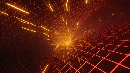 Glowing yellow energy lines forming dynamic grid tunnel in abstract space
