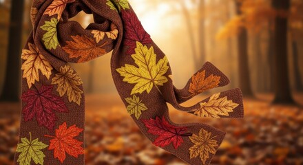 Knitted brown scarf adorned with multicolored maple leaf patterns hangs against a soft focus autumn forest backdrop