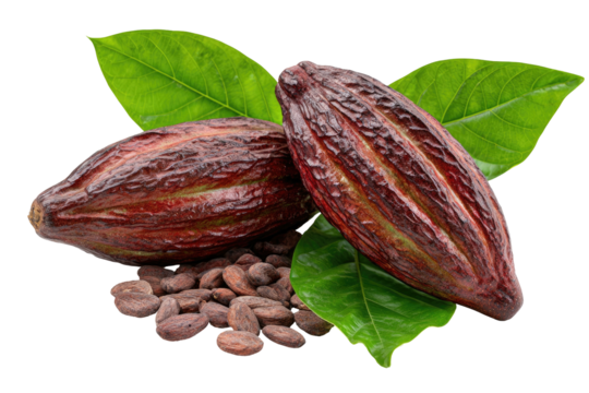 Dark cocoa pods with beans and vibrant green leaves