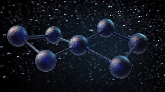textured metallic molecular model of connected blue spheres and rods floating amid dark droplets, mysterious and contemplative