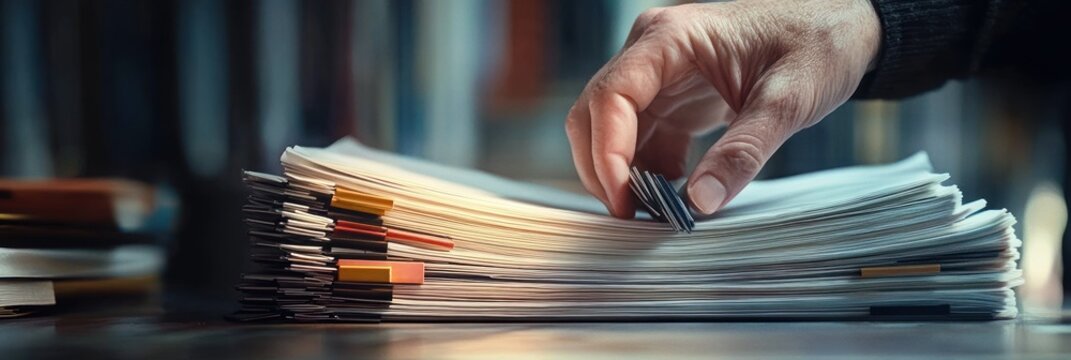 Hand sorting a thick stack of clipped documents with colorful tabs on a desk, conveying focused organization and diligent work