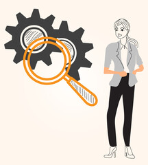  illustration features a smiling professional woman next to an orange magnifying glass examining two gears, representing process analysis or mechanical investigation