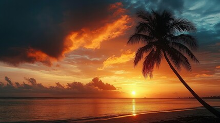 Solitary leaning palm tree silhouetted against a dramatic orange sunset over a calm ocean with glowing clouds and a reflective shoreline, evoking serene tropical tranquility