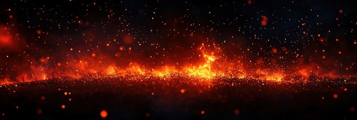 Fototapeta premium glowing field of burning embers and rising sparks over a dark scorched surface, intense dramatic and ominous atmosphere