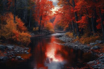 Serene autumn river winding through a red and orange forest with rocky banks and fiery reflections under a moody golden sky