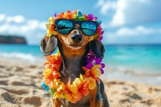 small dachshund on a sunny tropical beach wearing reflective sunglasses and a bright multicolored flower lei and crown, looking cool and relaxed