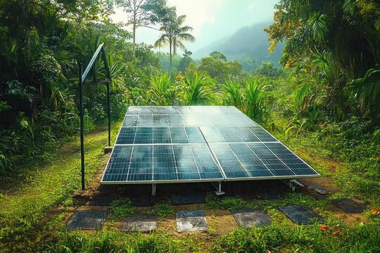 Ground-mounted solar panel array in a lush tropical rainforest clearing with misty mountains, palm trees and stepping stones, peaceful early morning sustainable energy scene - Powered by Adobe