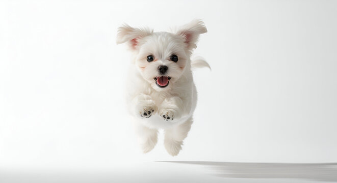 Happy Maltese Puppy Jumping in Air