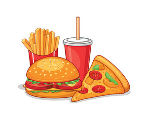 Fast food meal vector illustration of a delicious cheeseburger and fries with a soda drink