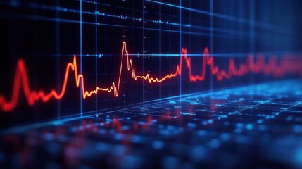 Glowing red waveform tracing fluctuating signal across a blue 3D digital grid, dynamic urgent data visualization with neon glow and high-tech atmosphere