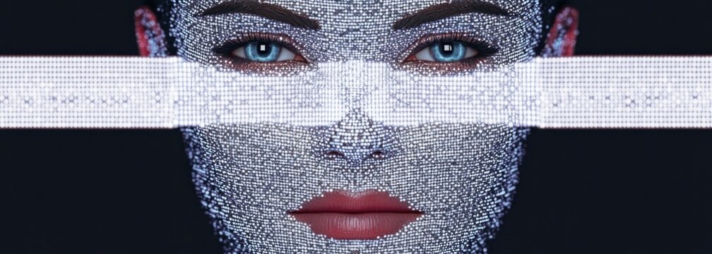 moody black backdrop with illuminated white pixel strip and red glitter accents, dramatic abstract stage composition - Powered by Adobe