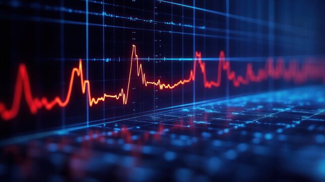 Glowing red waveform tracing fluctuating signal across a blue 3D digital grid, dynamic urgent data visualization with neon glow and high-tech atmosphere