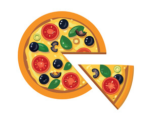 A delicious hot Italian pizza slice with salami, cheese, and tomato, perfect fast food illustration