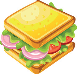 illustration of a fast food meal with ham and cheese sandwich, lettuce, tomato, and bread on a plate for lunch or snack