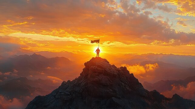 silhouetted climber holding a flag on a rocky summit at golden sunrise, triumphant solitude above misty mountain ridges - Powered by Adobe