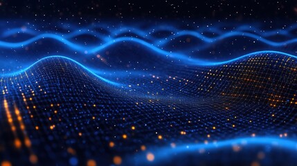 Glowing blue wireframe waves and orange data lights drifting across a futuristic digital landscape, serene and mesmerizing