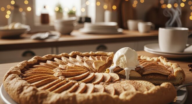 Homemade baked fruit tart topped with vanilla ice cream sits ready for serving in a warmly lit kitchen