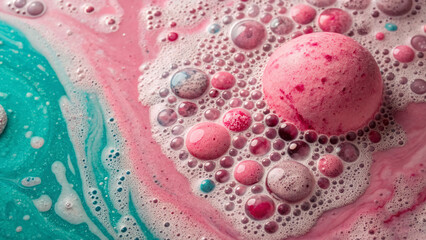 Close-up of a vibrant pink bath bomb fizzing and dissolving in foamy water, creating beautiful abstract patterns of pink and turquoise bubbles