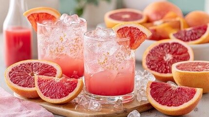 Salmoncito cocktail with gin and grapefruit in lowball glass, professional beverage photography on marble background