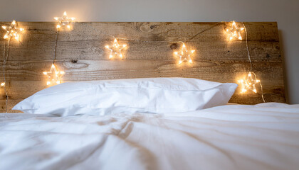 Cozy bedroom scene with a rustic wooden headboard and star-shaped string lights.
