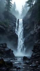 A tall waterfall flows down a rugged rocky cliff surrounded by dense forest. Wet stones and misty light create a dramatic, moody nature landscape