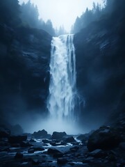 A tall waterfall flows down a rugged rocky cliff surrounded by dense forest. Wet stones and misty light create a dramatic, moody nature landscape
