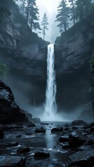 A tall waterfall flows down a rugged rocky cliff surrounded by dense forest. Wet stones and misty light create a dramatic, moody nature landscape