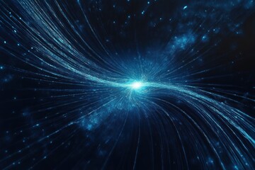 Radiant blue core emitting flowing luminous strands and scattered star particles, a mesmerizing cosmic surge of energy and motion