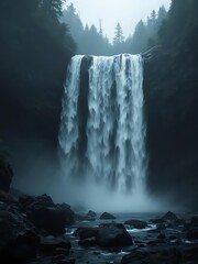 A tall waterfall flows down a rugged rocky cliff surrounded by dense forest. Wet stones and misty light create a dramatic, moody nature landscape