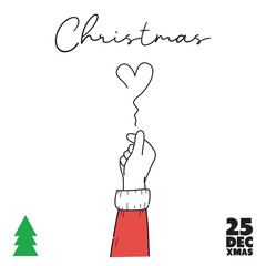 Vector illustration of a hand with a love gesture with santa claus christmas color theme sleeve of red and white and christmas text, date and a green christmas tree icon symbol. 