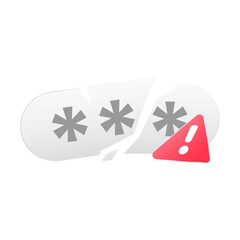 illustration of cracked password input field, exclamation mark warning icon. wrong password, login error, incorrect credentials, security alert. Modern style for UI design, apps or webs error message