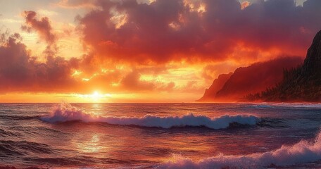 Fiery sunset over crashing ocean waves with dramatic clouds and rugged coastal cliffs, a majestic and tranquil seascape evoking awe and calm
