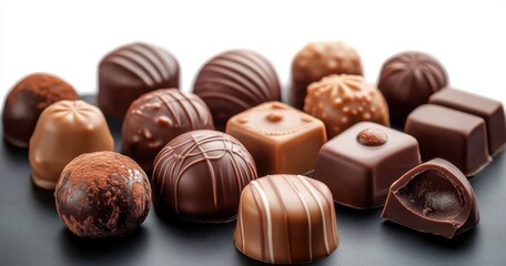 Obraz premium assortment of milk and dark chocolate truffles and pralines on a dark surface, one cut open to reveal smooth ganache, evoking indulgent decadent treat