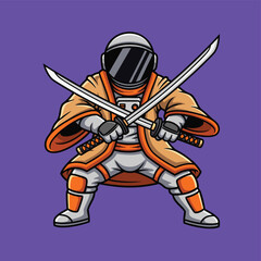Cartoon illustration of an astronaut samurai warrior in a spacesuit and kimono holding two katanas in a ready stance.