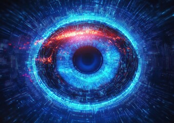 Glowing futuristic digital eye with dark central pupil, concentric blue data rings and red sparks radiating techno-energy, evoking intense watchful awe and surveillance