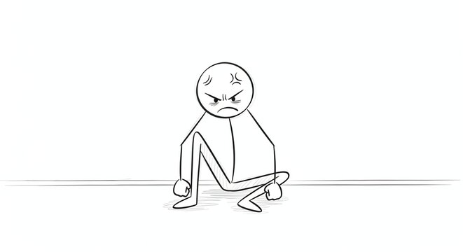 Angry stick figure crouched down with furrowed brow and clenched fists