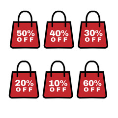 Percent-off sticker set (10%–60%) placed inside a shopping bag, perfect for promo designs, ads, and discount visuals.