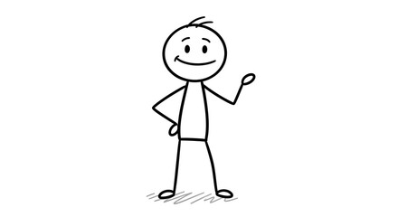 Cheerful Stick Figure Waving on White Background, Simple Cartoon Character