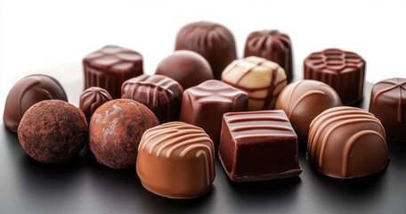 assorted chocolate bonbons and truffles on a dark surface, cocoa-dusted and striped pralines, indulgent and decadent assortment