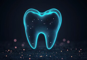 glowing neon wireframe tooth hologram floating above dark textured surface with scattered bokeh lights, futuristic clinical and reassuring atmosphere