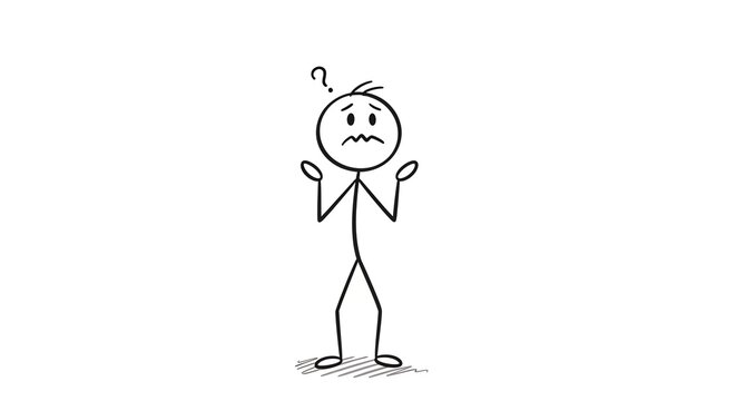 Confused stick figure with a question mark shrugging its shoulders in a hand-drawn illustration.