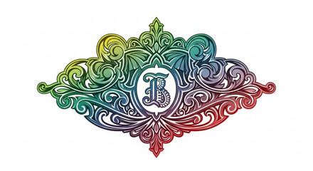 Ornate letter b design isolated on decorative vintage initial with colorful gradient elegant monogram for logo, label, or branding artistic flourish illustration