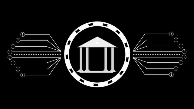 Stylized animation White Icon of a Classical Building with Columns Inside a Circular Frame on Black symbol. Futuristic white classical building icon, circular frame, black background, animated