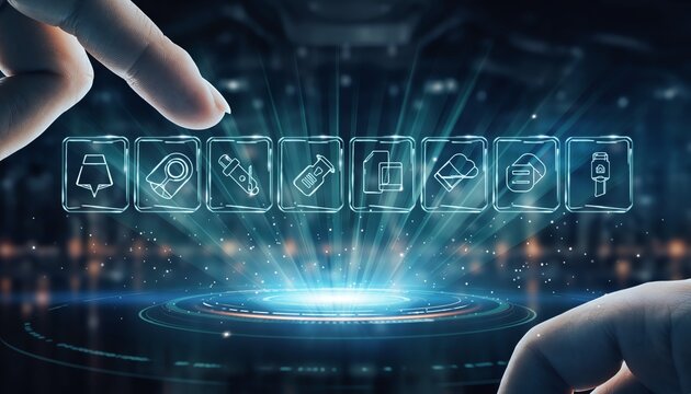 Digital Interface with Icons, Hands Interacting, Futuristic Technology Concept.