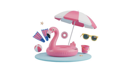 Playful 3d summer vacation scene featuring flamingo float, umbrella, and gear.