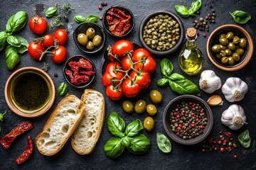 Vibrant rustic Mediterranean spread of fresh vine and cherry tomatoes, basil leaves, garlic bulbs, green olives, capers, olive oil, mixed peppercorns, dried chilies and crusty sliced bread, inviting
