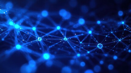 glowing blue network of interconnected nodes, lines and particles with bokeh highlights conveying futuristic connectivity and ethereal depth