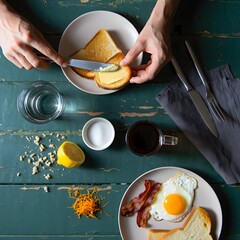 Overhead view of hands preparing a delicious breakfast with fried egg toast and bacon